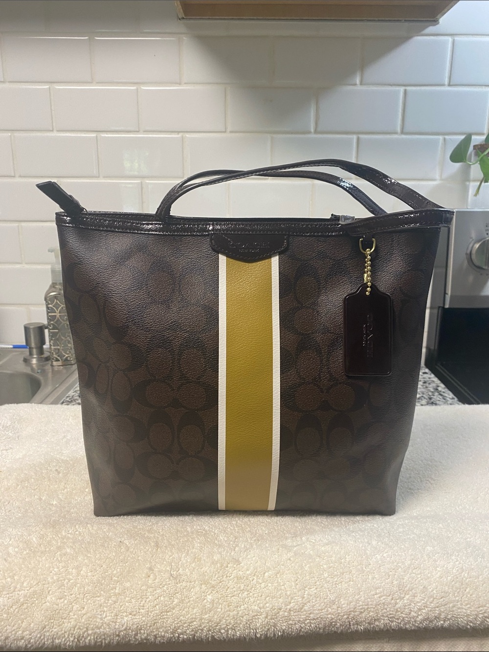 Coach Brown Signature Tote with Olive and Cream Center Stripe